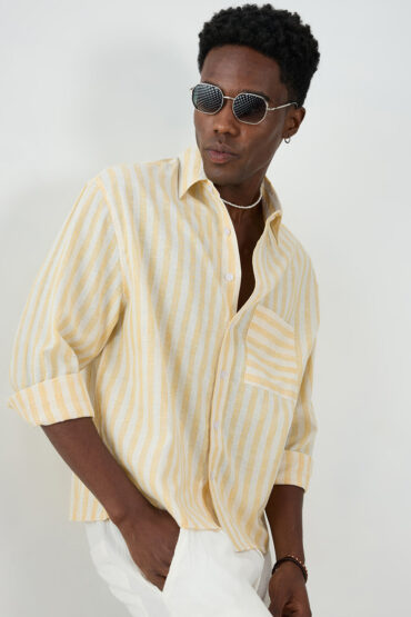 White & Yellow Balanced Striped Boxy Fit Crop Shirt