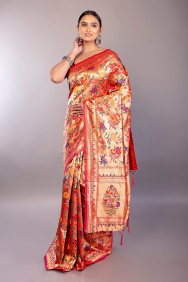 Orange Paithani Silk Saree with All Over Floral Motifs