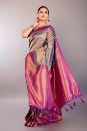 Grey Soft South n Silk Saree with Contrast Purple Border