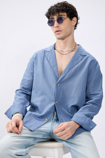 Steel Blue Linen Blend Lapel Collar Oversized Shirt
