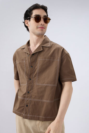 Rustic Cocoa Twin Pocket Oversized Crop Shirt