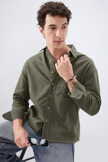 Timeless Olive Linen Blend Contrast Stitch Boxy Fit Crop Shirt