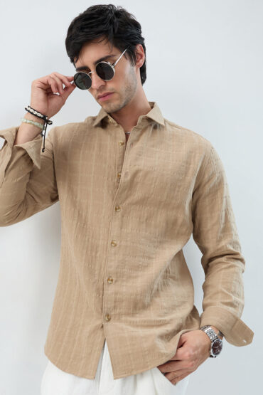 Tan Beige Double Cloth Seersucker Checks Shirt