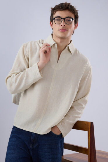 Sand Beige Crinkled Center Seam Oversized Polo Shirt