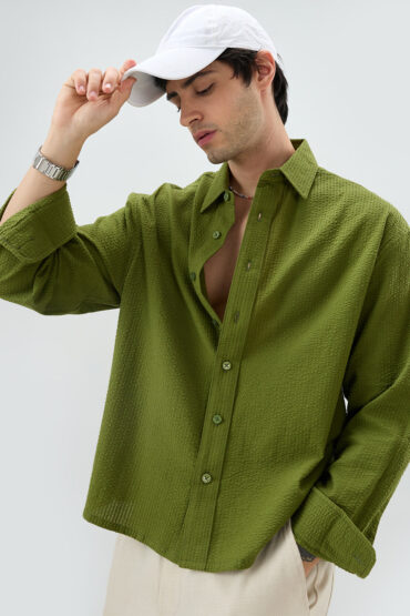 Basil Green Seersucker Striped Boxy Fit Crop Shirt