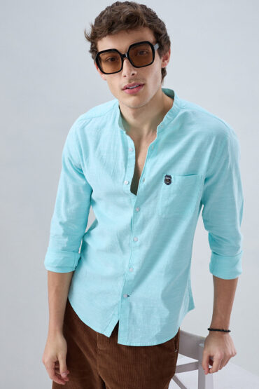 Spring Green Textured Mandarin Collar Shirt