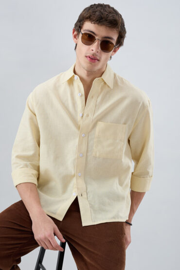 Luxe Butter Yellow Fine Sheer Linen Blend Boxy Fit Crop Shirt