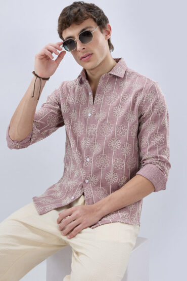 Rouge Pink Floral Embroidered Slub Shirt