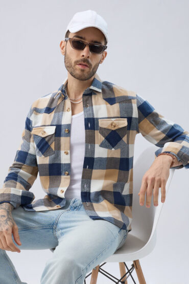Coastal Breeze Beige Checks Flap Pockets Flannel Shirt