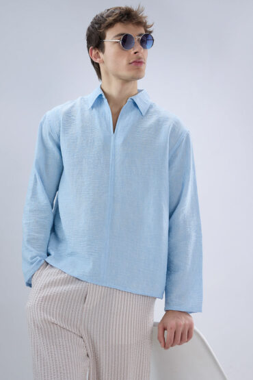 Sky Blue Crinkled Center Seam Oversized Polo Shirt