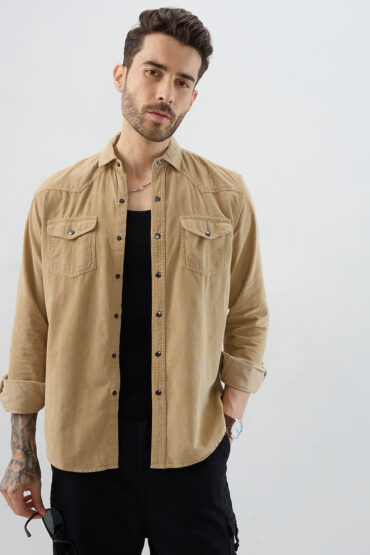 Voguish Camel Beige Double Pocket Corduroy Overshirt