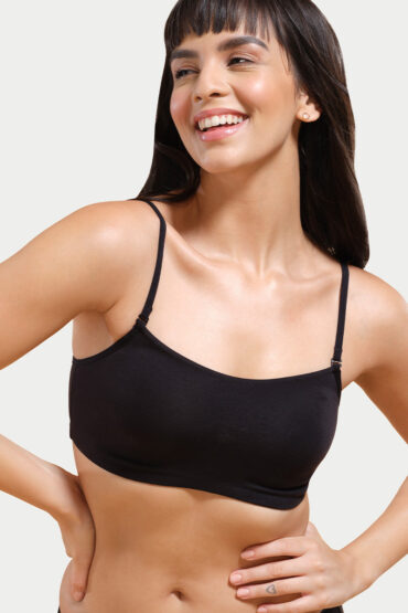Aentic Moulded Double Layer Front Women's Cotton Cami Bra - Detachable Slim Straps with Back Keyhole, Non Padded, Wirefree, High Coverage - A022 (Black)