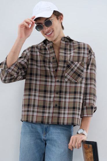 Muted Olive Plaid Checks Boxy Fit Crop Shirt