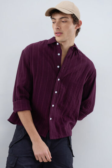 Elegant Wine Double Cloth Seersucker Striped Boxy Fit Crop Shirt