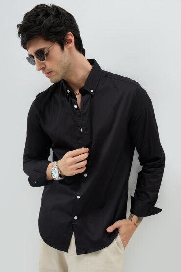 Jet Black Satin Button-Down Collar Luxe Shirt