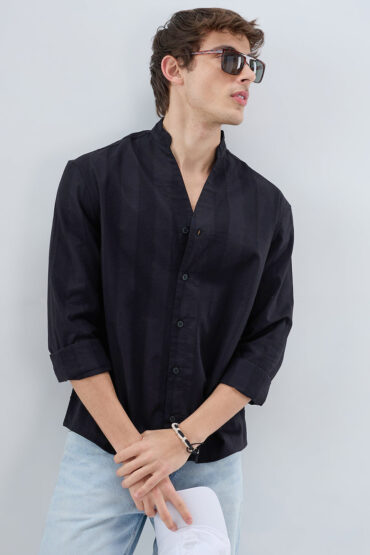 Black Panel Textured Stand Collar Oversized Shirt