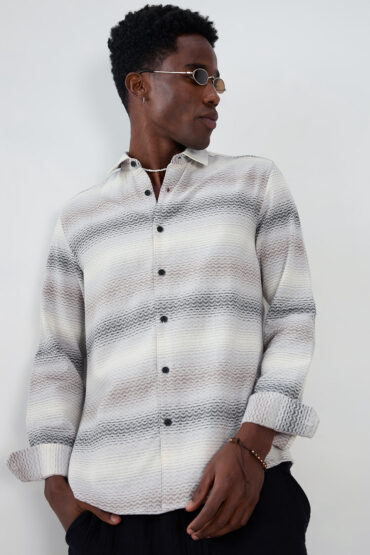 Grey Jacquard Wave Pattern Striped Shirt