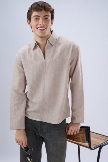 Tan Beige Crinkled Center Seam Oversized Polo Shirt