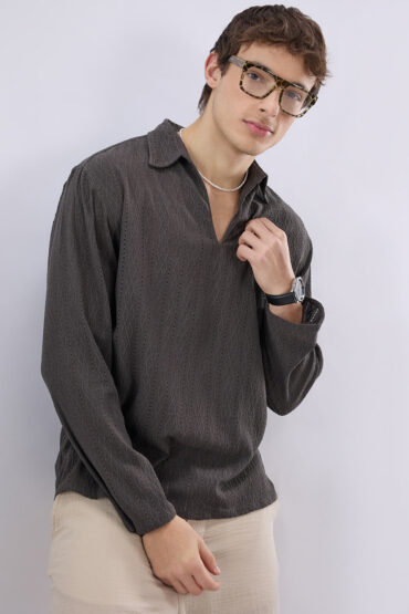 Dark Grey Textured Crochet Polo Oversized Shirt