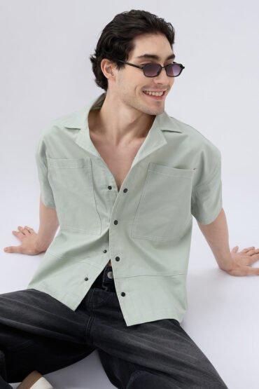 Icy Pistachio Notch Collar Oversized Cropped Utility Shirt