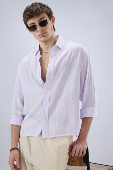 Elegant Lavender Airstripe Crinkled Boxy Fit Crop Shirt