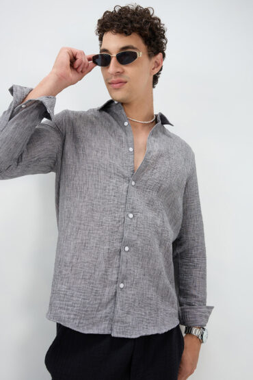 Charcoal Grey Dense-Weave Crinkled Shirt