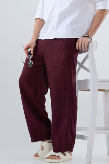 Maroon Slub Textured Wide-Leg Trousers