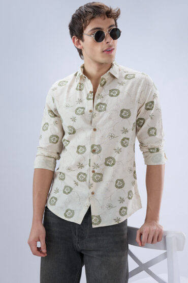 Elegant Warm Beige & Green Embroidered Linen Blend Statement Shirt