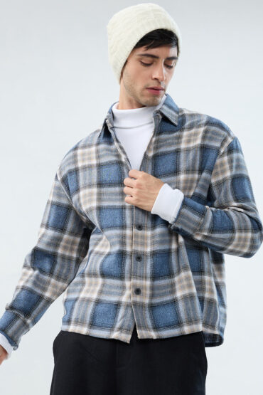 Aegean Blue Checkered Boxy Fit Crop Shirt