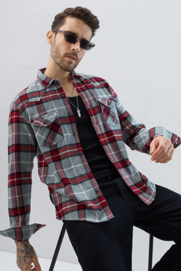 Grey & Red Tartan Checked Double Pocket Flannel