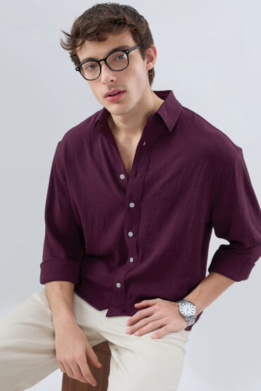 Deep Maroon Soft Crush Fine Grid Textured Boxy Fit Crop Shirt