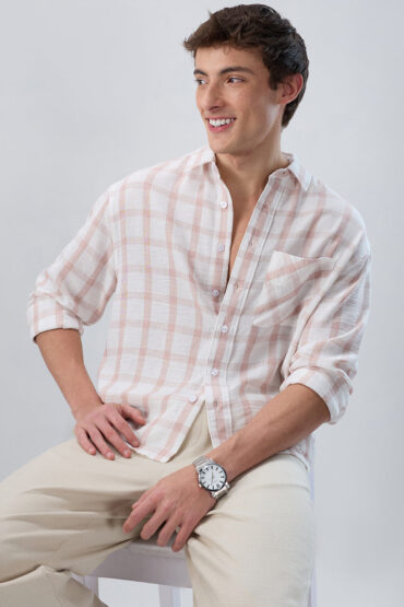 Blush Pink Box Checks Boxy Fit Crop Shirt