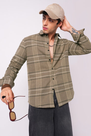 Burlap Saddle Brown Plaid Checks Textured Shirt