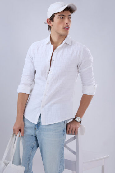 Luxe Pearl White Double Coth Seersucker Checked Shirt