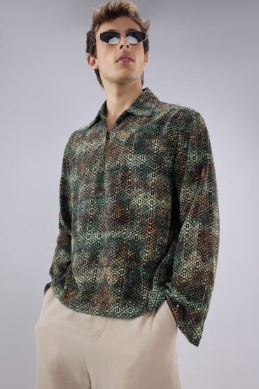 Noor Green Sequin Embroidered Cuffless Oversized Shirt