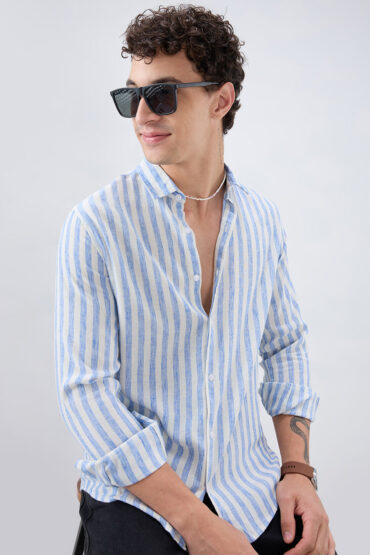 Blue & Ivory Balanced Striped Linen Blend Shirt