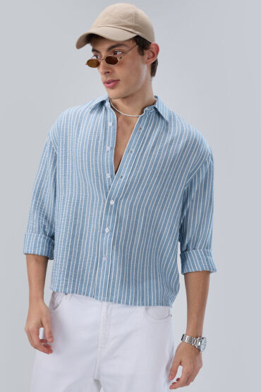 Slushy Dusty Blue Linear Striped Boxy Fit Crop Shirt