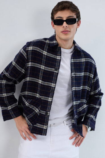 Navy Tartan Checks Double Pocket Flannel Shacket