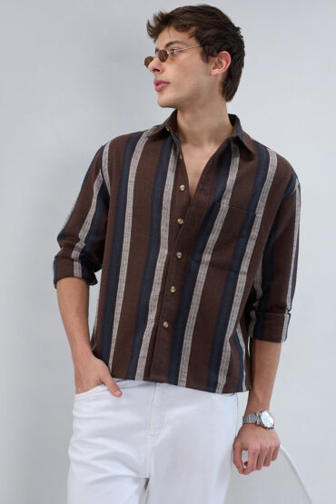 Refined Brown Multi-Tone Striped Boxy Fit Crop Shirt