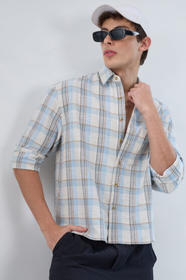 Icy Blue & White Multi-Tone Boxy Fit Crop Shirt