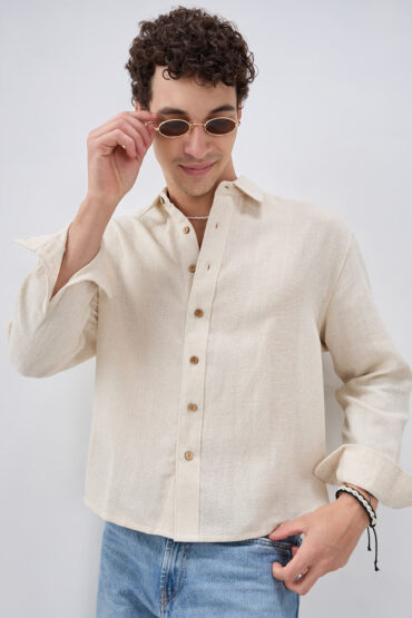 Raw Linen Blend Micro Weave Lozenge Textured Boxy Fit Crop Shirt