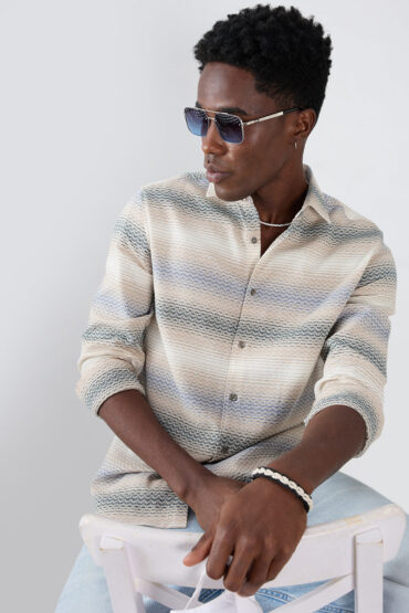 Natural Sand Beige Contrast Motif Striped Shirt