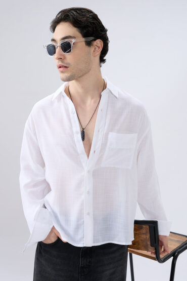 Pearl White Subtle Textured Boxy Fit Crop Shirt