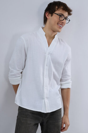 Soft Snow White Diagonal Textured Stand Collar Oversized Shirt