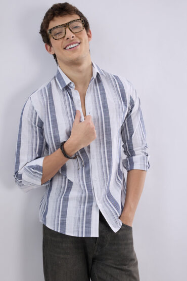 White & Navy Broad Striped Shirt