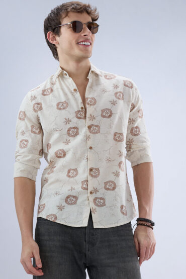 Intricate Soft Beige & Brown Botanical Bloom Linen Blend Shirt
