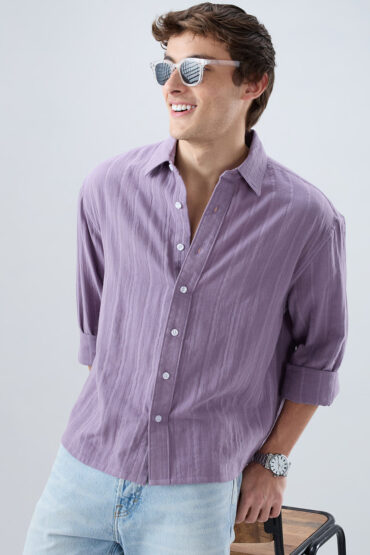 Chinese Violet Double Cloth Striped Boxy Fit Crop Shirt