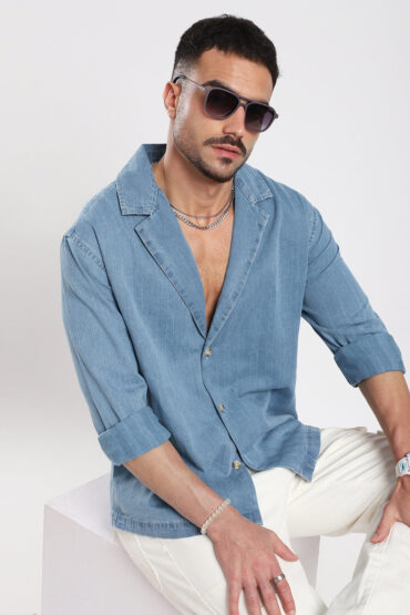 Denim Breeze Horizon Textured Notched Lapel Collar Oversized Shirt