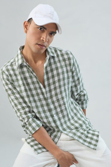 Plush Forest Green & White Gingham Checks Crinkled Shirt