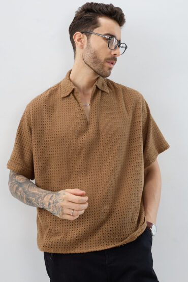 Tawny Brown Crochet Oversized Polo Shirt